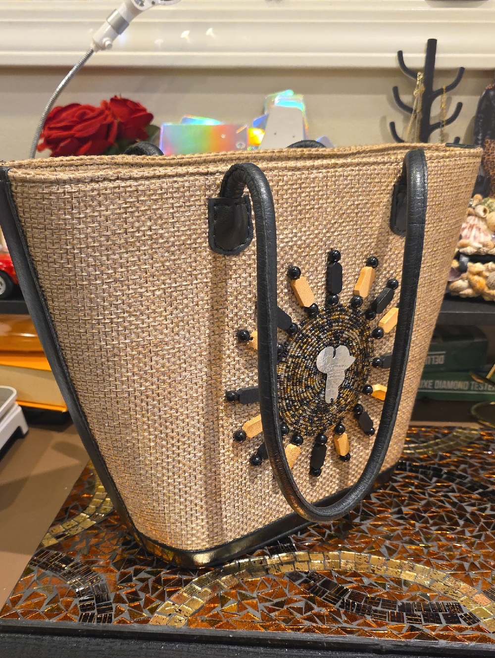Woven Straw Tote Bag with Beaded Sunburst Accent in Natural and Black